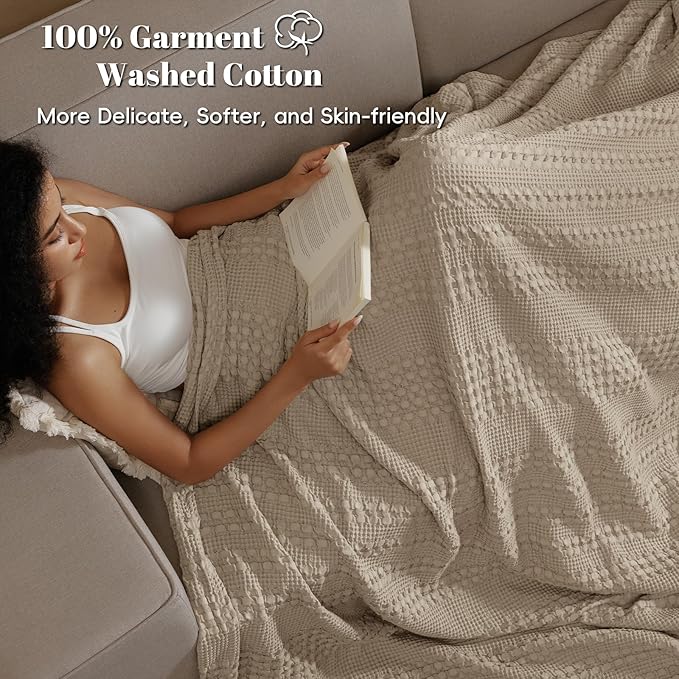 PHF 100% Cotton Waffle Weave Blanket Twin Size for Bed, Soft Lightweight & Breathable for Spring and Summer, All-Season Comfort, Luxury Aesthetic Blanket for Home Decor, 66"x90", Taupe