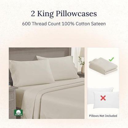 Luxuriously Soft Premium 600 Thread Count, 100% Cotton Set of 2 Cases, Crisp King Size Pillow Case Set of 2, Fits King Pillows - Ivory (Warm Cream)