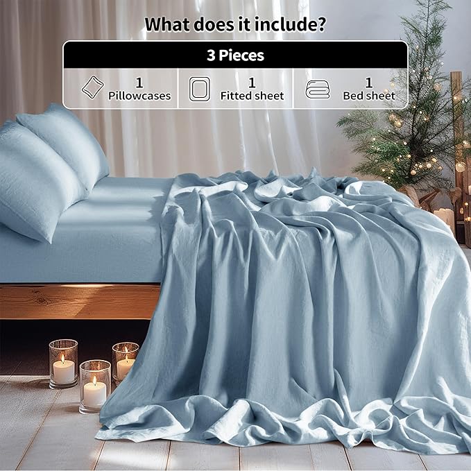LBRO2M 100% Pure Linen Sheet Set Deep Pocket Up to 16" Bed Sheets Sets, Natural Flax Beddings Soft, Breathable, Comfortable for All Seasons Twin XL Size, Dusty Blue