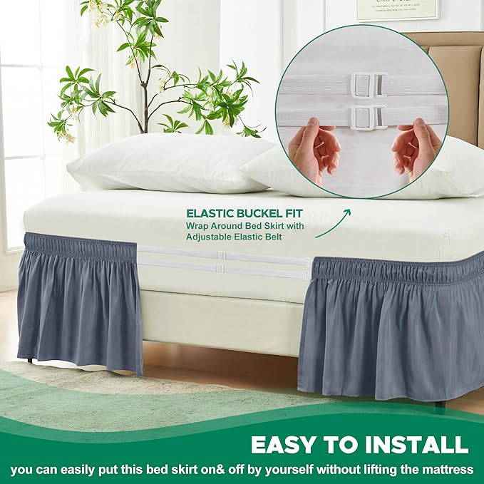 Biscaynebay Wrap Around Bed Skirts for Full & Full XL Beds 14" Drop, Dark Grey Adjustable Elastic Dust Ruffles Easy Fit Wrinkle & Fade Resistant Silky Luxurious Fabric Solid Machine Washable
