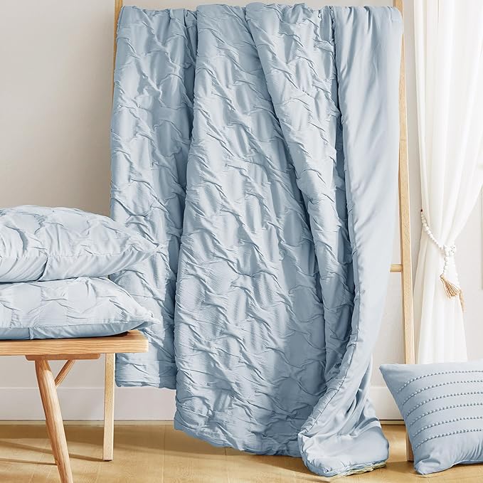 Comfort Spaces Twin/Twin XL Comforter Set for College Ogee Ruched Crinkle Texture Breathable Comforter Set Twin Dorm All Season Lightweight Bedding Set Shabby Chic Décor Pilow Blue 3 Piece