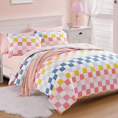 Full Size Comforter Set for Girls-7 Pieces Colorful Check Full Bedding Sets for Kids, Ultra Soft Bed in A Bag with Sheets