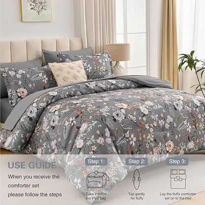 7 Piece King Comforter Set, Dark Grey Butterfly Floral Comforter Set with Flowers Leaves Pattern, Soft Microfiber Complete Bedding Set for All Season(Dark Grey, King)