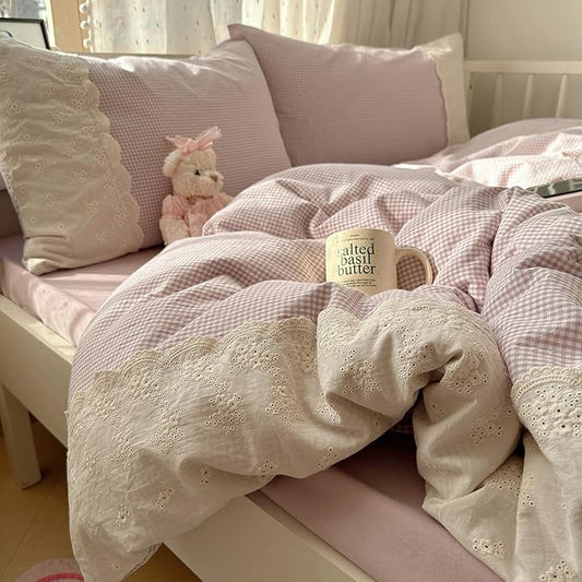 HighBuy Queen Comforter Set Grey Purple Gingham Comforter with Lace Ruffles Modern Chic Plaid Comforter Set 3 Pieces Fluffy Soft Boho Checkered Pattern Comforter with 2 Pillowcases for Boy Men