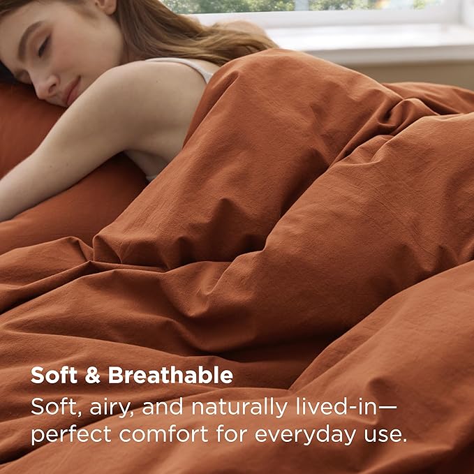 Bedsure 100% Washed Cotton Duvet Cover Queen Size - Burnt Orange Minimalist Bedding Set Linen Like - PureWoven Plain Simple & Soft Comforter Cover for All Seasons (Burnt Orange, Queen, 90"x90")