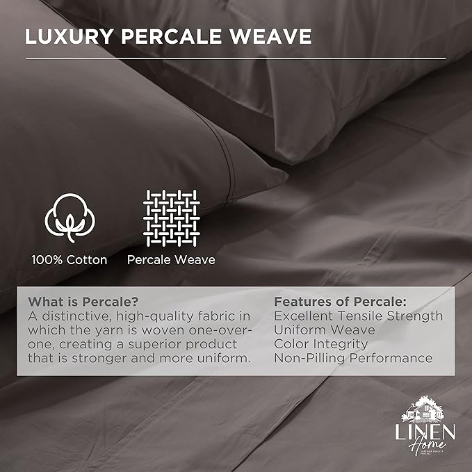 Linen Home 100% Cotton Percale Pillowcases Standard/Queen Size Set of 2 - Crisp & Cooling, Long Staple Hotel Quality, 20x30, Charcoal