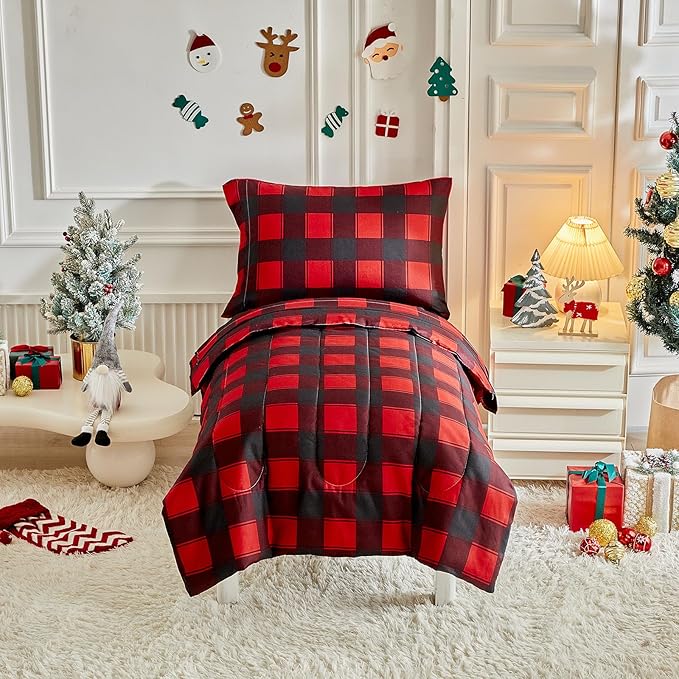 Christmas Toddler Bedding Set for Boys Girls Red Black Plaid Gingham Holiday 4PC Toddler Bed Set - Cute Toddler White Bed in a Bag for New Year