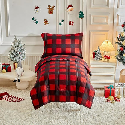 Christmas Toddler Bedding Set for Boys Girls Red Black Plaid Gingham Holiday 4PC Toddler Bed Set - Cute Toddler White Bed in a Bag for New Year