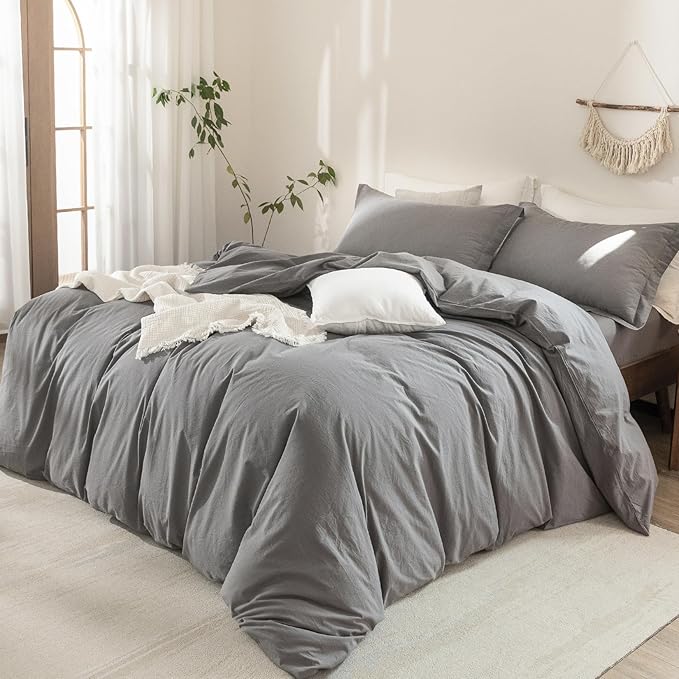 100% Washed Cotton Duvet Cover Super Queen Size Dark Grey Bedding Set Cover 1 Duvet Cover with Zipper Closure and 2 Pillowcases, 98inch x 90inch