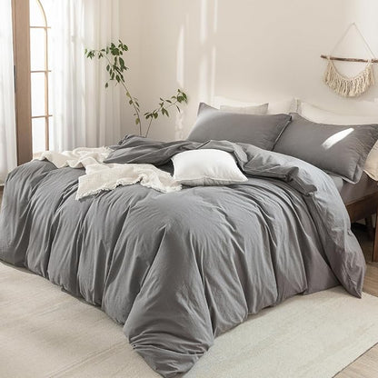 Dark Grey Duvet Cover King Size Bedding Set Cover 100% Washed Cotton Duvet Cover with Zipper Closure and 2 Pillowcases, 104inch x 90inch