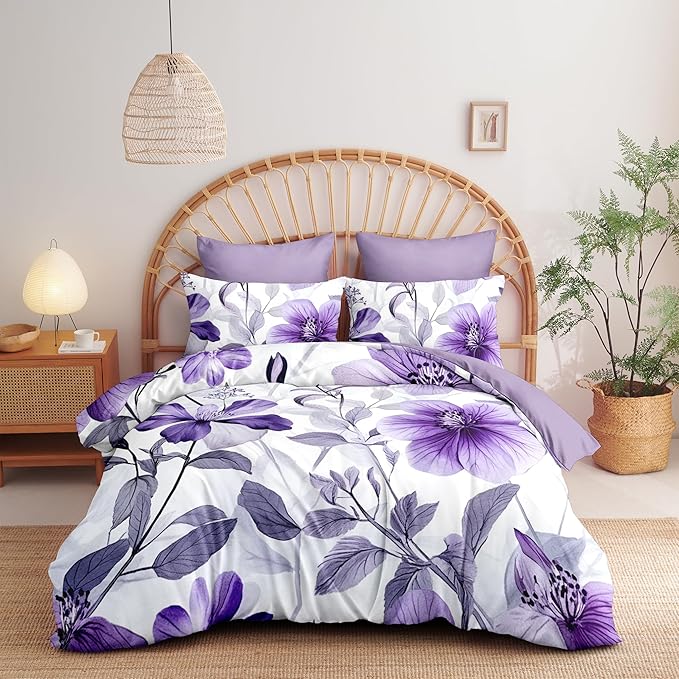 Nayoroom Purple Floral Comforter Set Queen Size Lavender Blooming Flower Leaf Printed Spring Comforter 3 Pcs Soft Lightweight Cottagecore Bedding Set for All Seasons (1 Comforter, 2 Pillowcases)