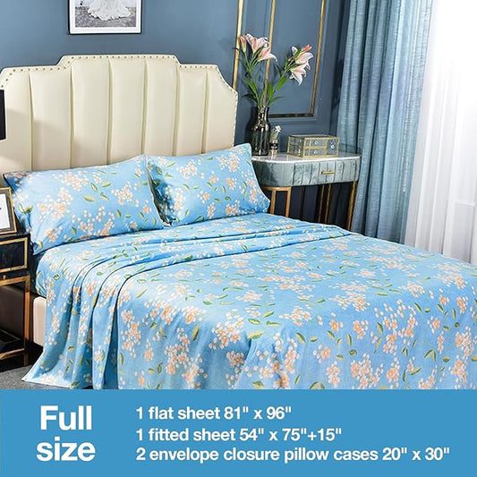 JSD Blue Floral Printed Sheet Set Full Size, 4 Piece Soft Pattern Microfiber Sheets Extra Deep Pocket