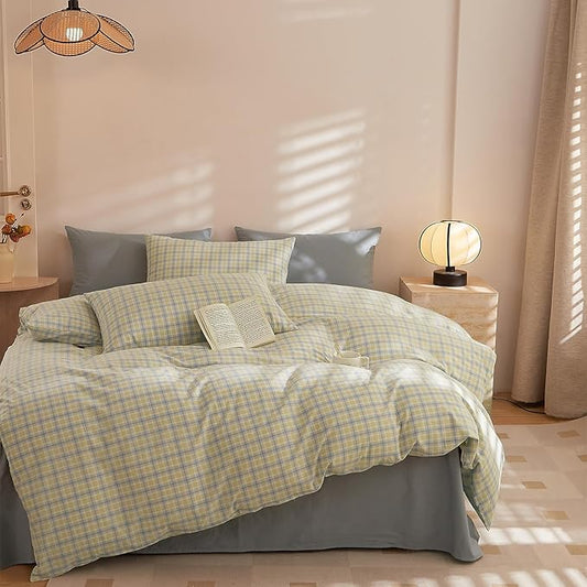 EAVD Modern Gingham Duvet Cover Full Soft Washed Cotton Yellow Blue Grid Plaid Bedding Set with 2 Pillowcases Farmhouse Reversible Plaid Checkered Duvet Cover with Zipper Closure
