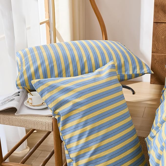 Merryword 100% Cotton Duvet Cover Set Queen Size, Blue & Yellow Striped Bedding Set with Zipper Closure and 8 Corner Ties, Modern Coastal Style Comforter Cover Set 3 Pieces