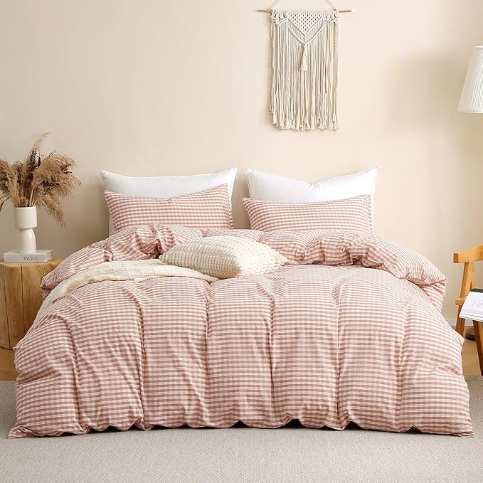 TOCOMOA Pink Tan Gingham Duvet Cover Bedding Set 100% Washed Cotton Like Linen Feel Super Soft Comfy 2 Piece Vintage Plaid Checkered Fall Comforter Cover Set (Twin 68"x90", Comforter Not Included)