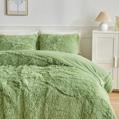 Wajade Faux Fur Plush White Comforter Set Fluffy Fuzzy Shaggy Bedding Set - 3PC Full/Queen Microfiber Soft Warm Quilt Set (Sage Green, Queen)