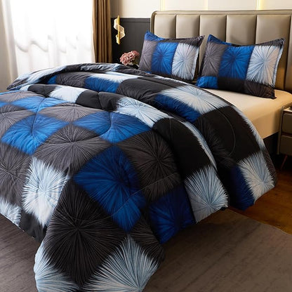 Caressma Black and Navy Blue Checkered Comforter Bedding Set, Full Size Blue White Plaid Comforter Set for Boys, Fluffy Black Grid Home Decor for All Seasons