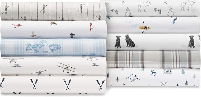 Eddie Bauer - Twin Bed Sheets, Cotton Percale Bedding Set with Matching Pillowcase, Crisp & Cool, Dorm Essentials (Fishing Flies White)