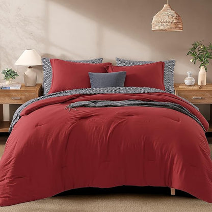 Monbix Queen Comforter Set - 7 Pieces Bright Red Prewashed Bed in a Bag Queen Bedding Sets with Comforters, All Seasons Ultra Soft Comforter Bed Set with Sheets, Pillowcases & Shams