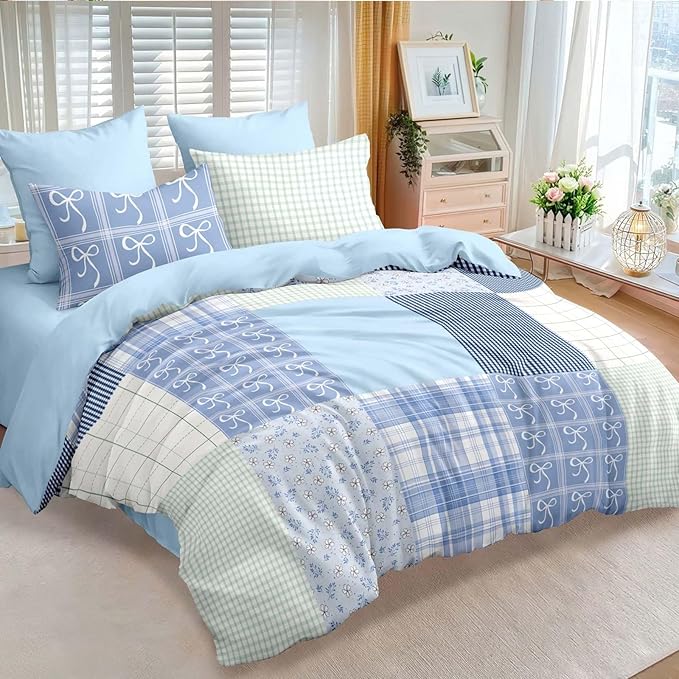 Nayoroom Plaid Duvet Cover Queen Size Reversible Blue Patchwork Checkered Duvet Cover Dorm Bedding Set 3 Pieces Soft Lightweight Washed Microfiber Farmhouse Bedding Set Gifts for Women Men
