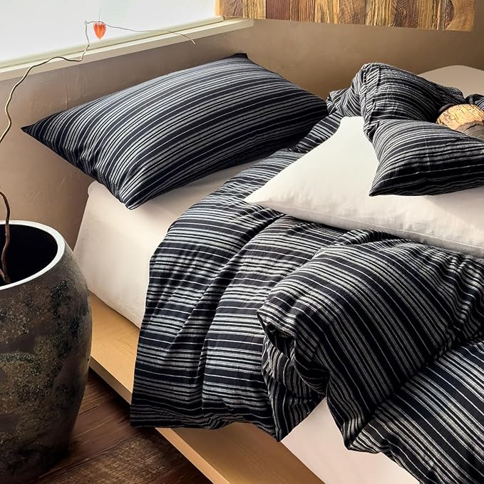 VM VOUGEMARKET Black White Striped Duvet Cover King,Japanese Style Washed Cotton Duvet Cover with 2 Pillowcases,Breathable Comforter Cover for Cozy Minimalist Bedrooms