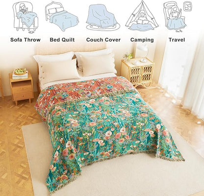 MSGKV Boho Throw Blanket 60"x80" Floral Blankets for Bed 100% Cotton Twin Size Couch Blanket Lightweight Farmhouse Muslin Spring Breathable Home Decor All Seasons