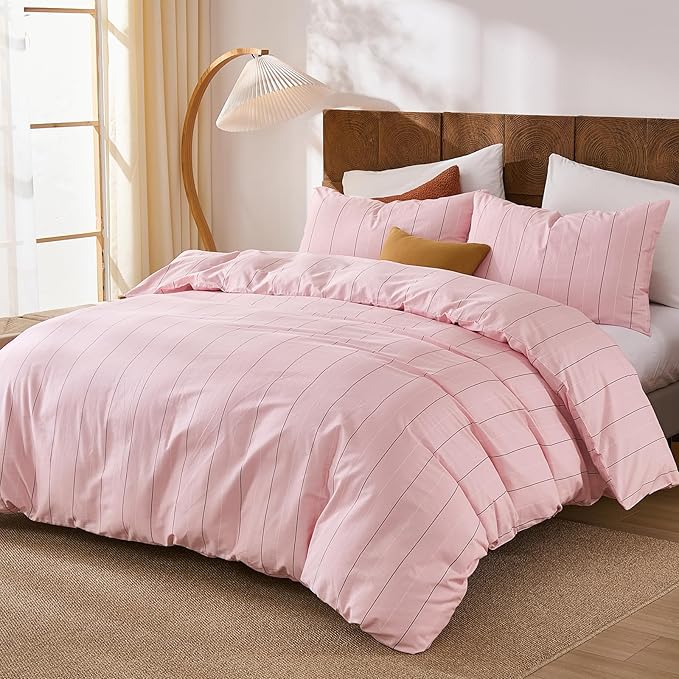Merryword Pink Striped Duvet Cover Set King Size - 100% Cotton Bedding Set with Wide Zipper & 8 Corner Ties, Soft Breathable Bedding Set Elegant Pastel Comforter Cover for All Seasons