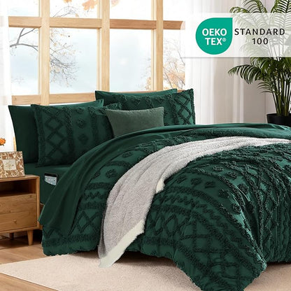 WRENSONGE King Size Comforter Set with Sheets - 7 Pieces Emerald Green Tufted Bed in a Bag King Shabby Chic Bedding Sets with 1 Comforter, 2 Sheets, 2 Pillowcases & 2 Shams