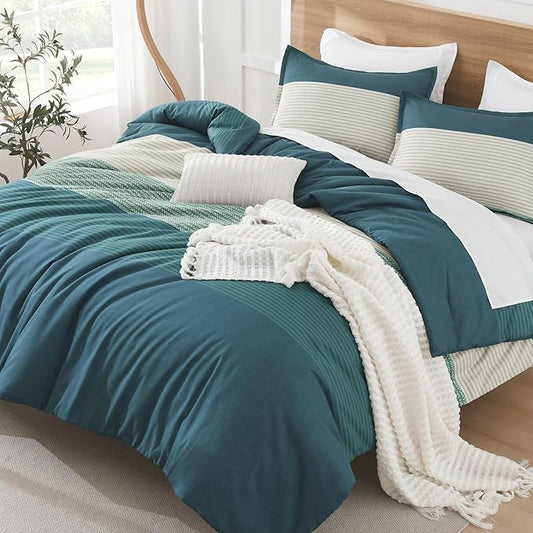 Litanika Comforter Set Queen Size Dark Teal - 3 Pieces Lightweight Colorblock Stripe Fluffy Bedding Comforter Sets, All Season Bed Set