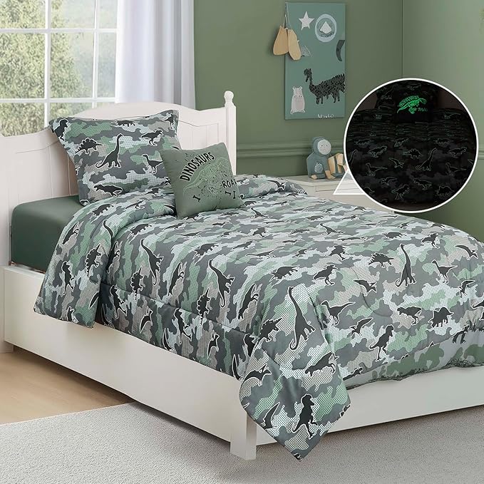 Twin Comforter Set for Boys-3 Pieces Dinosaur Glow in the Dark Twin Bedding Sets for Kids,1 Comforter,1 Sham and 1 Decor Pillow