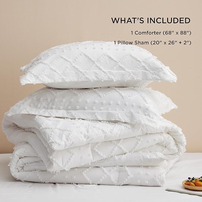 Bedsure Twin Comforter Set - White Boho Twin Comforter, Shabby Chic Dorm Bedding Set for Kids, 2 Pieces Modern Farmhouse Bed Set, Includes 1 Pillow Sham