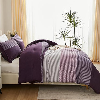 Litanika Purple Comforter Set Oversized King - 3 Pieces Lightweight Gray Purple Colorblock Stripe Fluffy Bedding Comforter Sets, All Season Bed Set