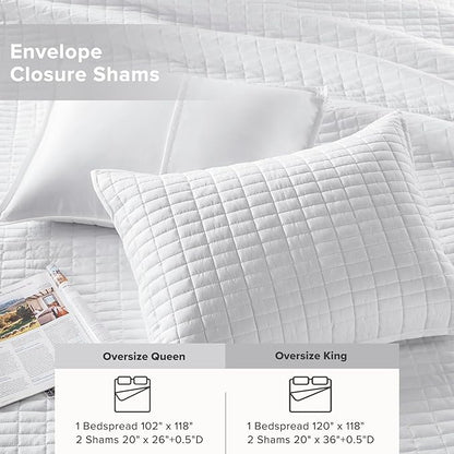 Comfort Spaces White Oversized King Quilt Set 120"x118" Bedspread Quilted Summer Lightweight Microfiber Bedding Coverlet with Double Sided Stitching Soft All Season Cozy 3 Piece with Matching Shams