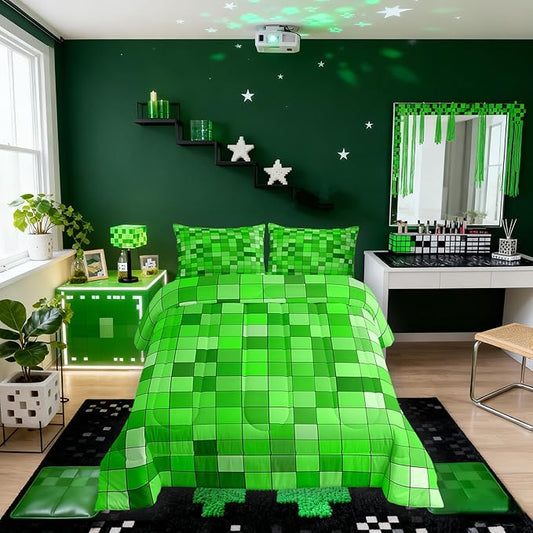 Geometric GridComforter Set King Size,Patchwork Square Video Games Kids Bedding Set,Gradient Gaming Quilt Comforter,Green Duvet Insert,2 Pillowcases