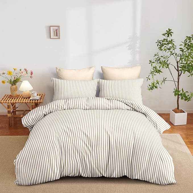 Nayoroom Tan Striped Duvet Cover Queen Size Light Brown Stripe Duvet Cover Dorm Bedding Set 3 Pieces Soft Lightweight Washed Microfiber Farmhouse Bedding Set Gifts for Women Men