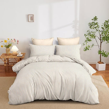 Nayoroom Tan Striped Duvet Cover Queen Size Light Brown Stripe Duvet Cover Dorm Bedding Set 3 Pieces Soft Lightweight Washed Microfiber Farmhouse Bedding Set Gifts for Women Men
