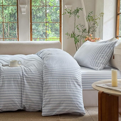 Striped Duvet Cover Set 100% Washed Cotton Linen Like Soft Feelling Breathable Bedding(White/Cornflower Blue Strip,Full)