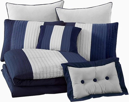 Chezmoi Collection Loft 8-Piece Luxury Striped Comforter Set (Queen, Navy/Gray/Blue)