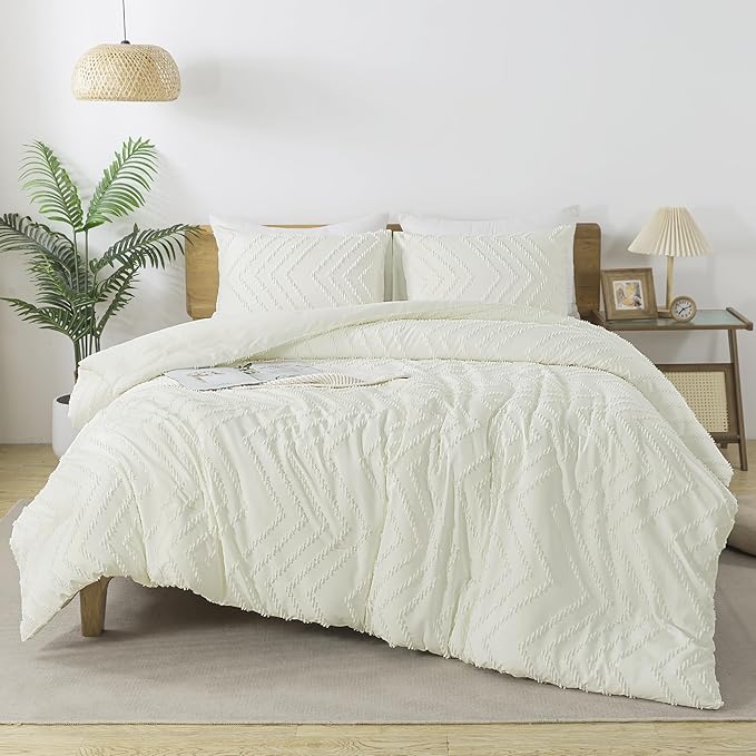Andency Ivory Comforter Set King Size, Boho Soft Warm Tufted Bedding Comforter Sets for King Size Bed, 3 Pieces Aesthetic Chevron Farmhouse Cute Bohemian Textured Bedding Set
