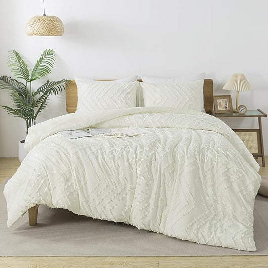 Andency Ivory Comforter Set Full Size, Boho Soft Warm Tufted Bedding Comforter Sets for Full Size Bed, 3 Pieces Aesthetic Chevron Farmhouse Cute Bohemian Textured Bed Set