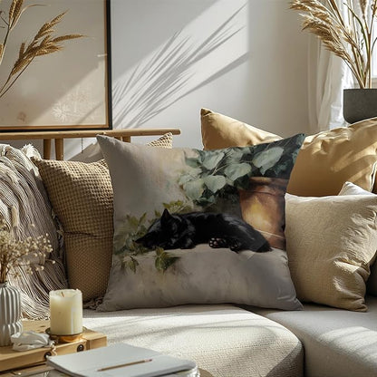 Vintage Sleeping Black Cat Throw Pillow Covers 18x18, cat Gifts for Women,Rustic Farmhouse Decor, Gothic Moody Black Kitten Pillowcase，Aesthetic Black Cats Vintage Cats Decor