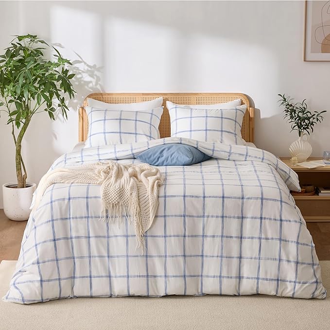 Blue Plaid Twin Duvet Cover, 100% Soft Washed Cotton Twin Size Duvet Cover Set 3 Pieces with Zipper Clousre & Corner Buttons (White/Blue Plaid, Twin 69 x 90)
