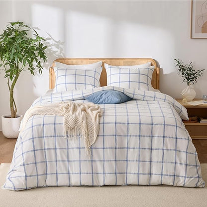 Blue Plaid Twin Duvet Cover, 100% Soft Washed Cotton Twin Size Duvet Cover Set 3 Pieces with Zipper Clousre & Corner Buttons (White/Blue Plaid, Twin 69 x 90)