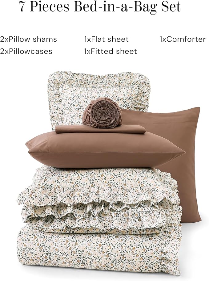 King Comforter Set - 7 Pieces Ruffle Beige Ditzy Bedding Sets, Shabby Chic Farmhouse Bed in a Bag King with Floral Comforter, Sheets, Pillowcases & Shams
