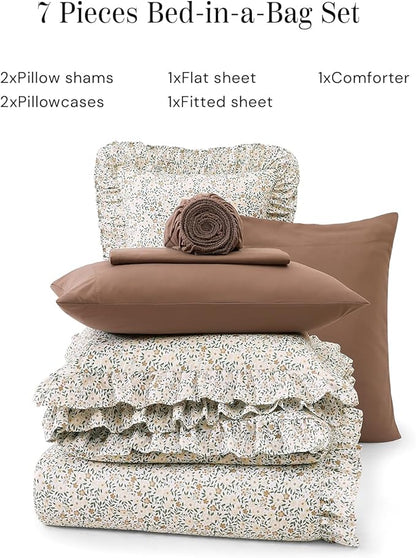 King Comforter Set - 7 Pieces Ruffle Beige Ditzy Bedding Sets, Shabby Chic Farmhouse Bed in a Bag King with Floral Comforter, Sheets, Pillowcases & Shams