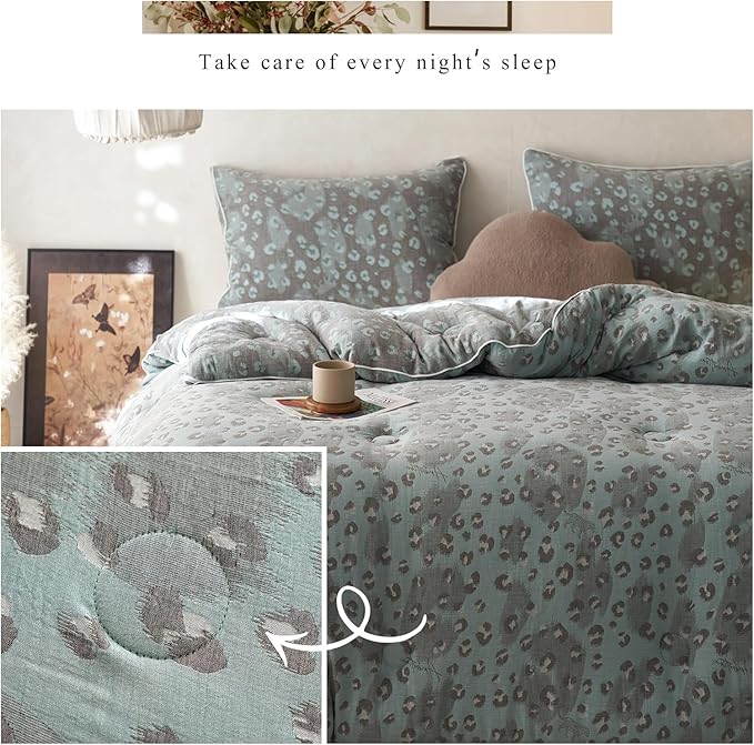 HighBuy Luxury Leopard Print Comforter Set King Size Green Muslin Cotton Sexy Fluffy Comforter with 2 Pillowcases Lightweight Breathable Cheetah Comforter Sets King All Season Home Decor