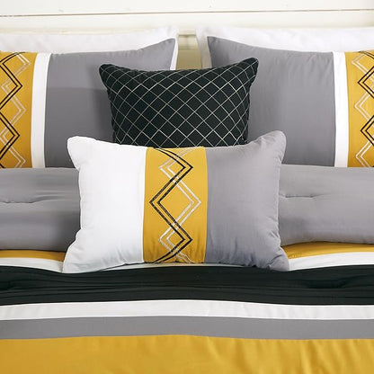 Chezmoi Collection Arden 7-Piece Modern Pleated Stripe Embroidered Zigzag Bedding Comforter Set (California King, Turmeric/Black/Silver Gray/White)