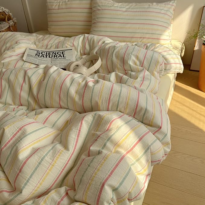 EAVD Colorful Striped Duvet Cover Queen Soft 100% Cotton Vintage Pink Green Yellow Stripes Printed Bedding Set with 2 Pillowcases Retro Reversible Geometric Comforter Cover with Zipper Corner Ties