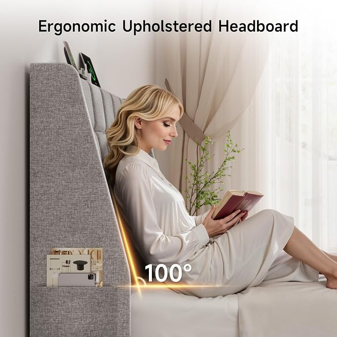 Ergonomic Upholstered Full Size Headboard w/Charging Station, Linen Wingback Headboards w/Storage Pocket, Full Headboard Only, Bed Frame Adapters, Sturdy Solid Wood Bed Head Board, Light Grey
