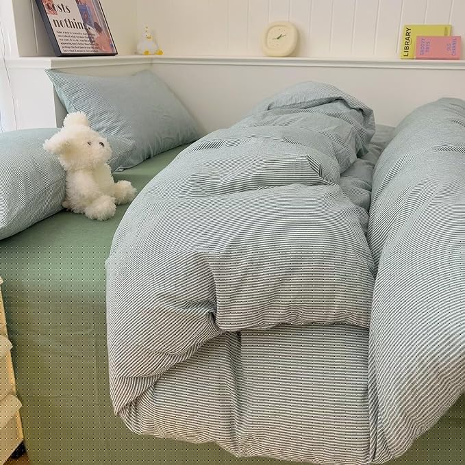 MKXI Ultra-Fine Stripe Duvet Cover Set Twin XL, 100% Washed Cotton Green & White Textured Bedding, 3 Piece Breathable Comfy Farmhouse Style Duvet Cover with Pillow Shams